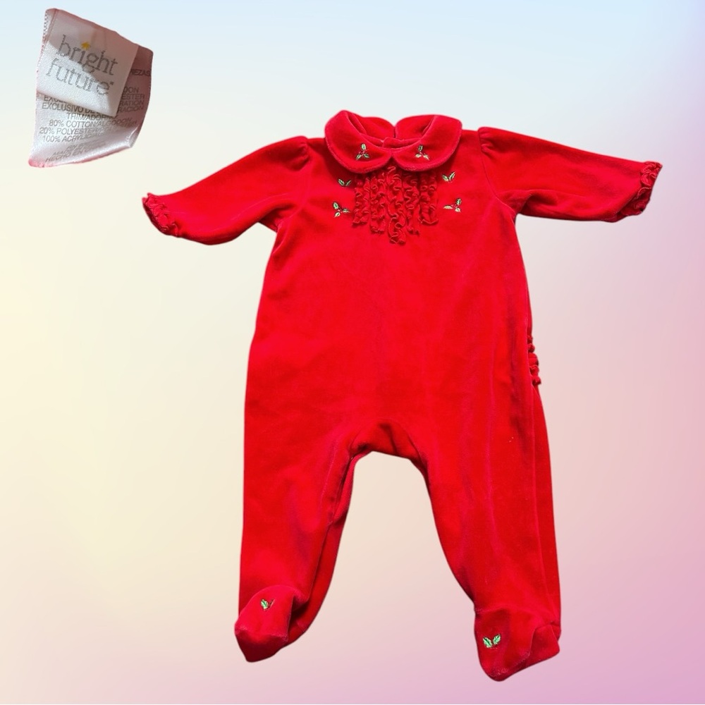 Mid 2000's Red Velour Bright Future Mistletoe Footie Romper Sz 6-9 months